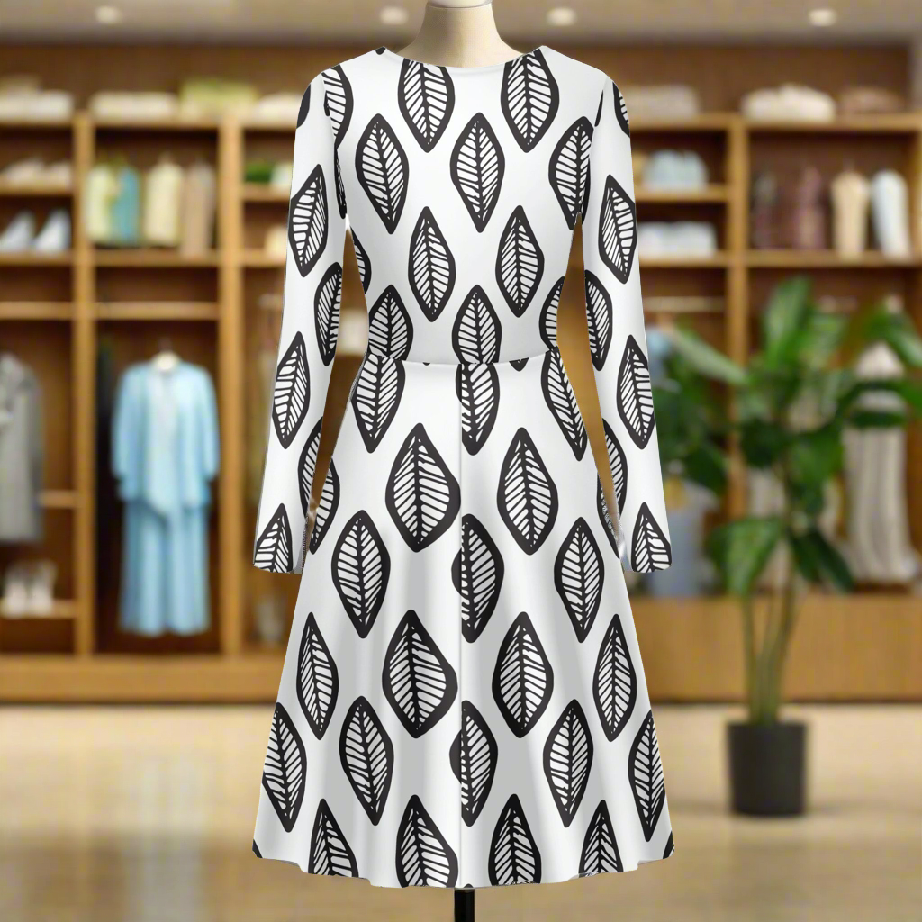 African | Ethnic | Mudcloth | #16 Black and White Women V-Neck Long Sleeve Ruffle Dress