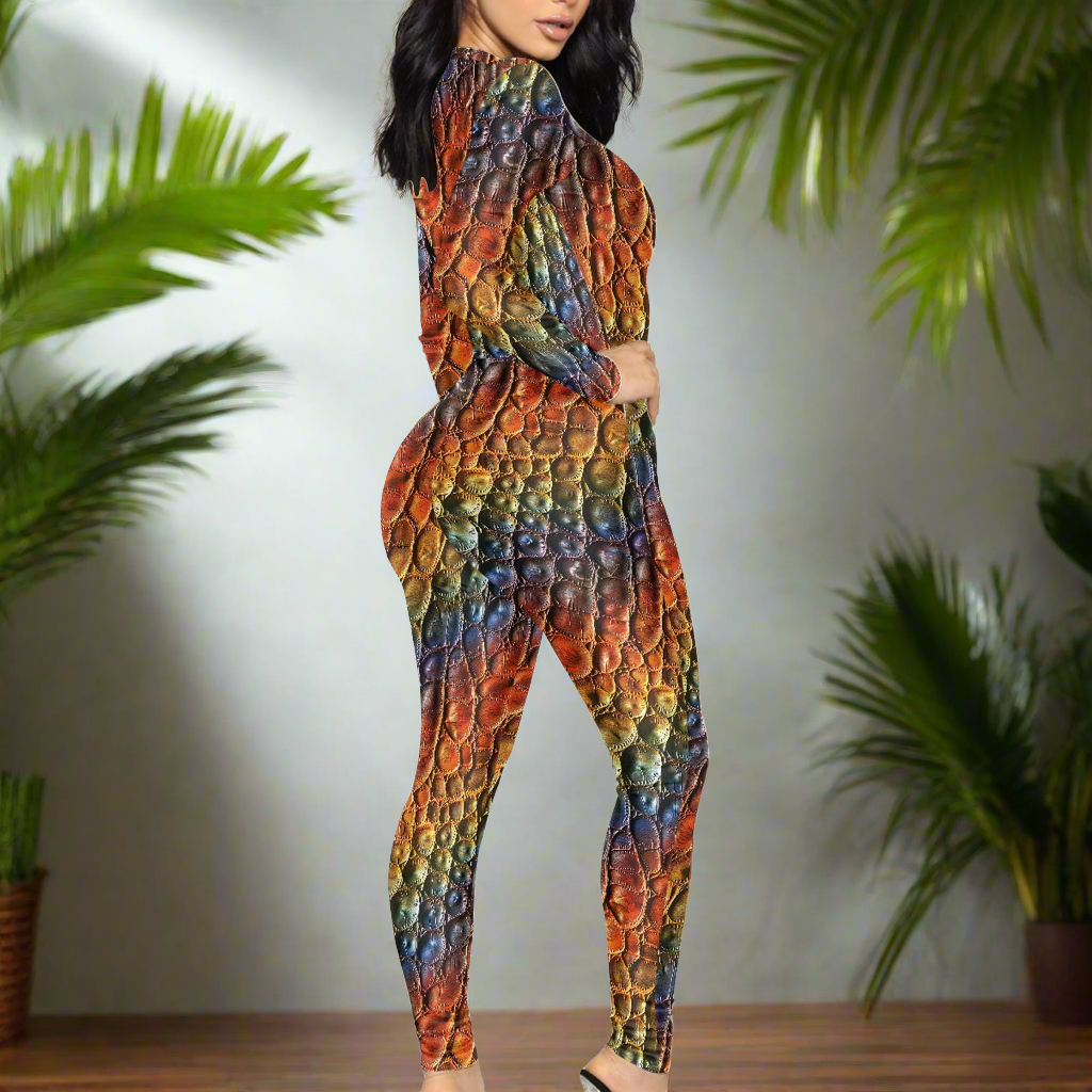 Unique Alligator Skin pattern Rainbow Pride Women's Plunging Neck Jumpsuit