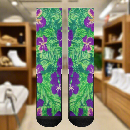 Blue Flag Iris on Green Crew Socks