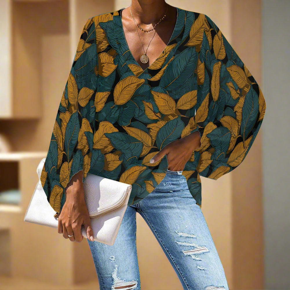 Brown and Green Leave pattern V-Neck Chiffon Puff Sleeve Blouse by Luxtrini