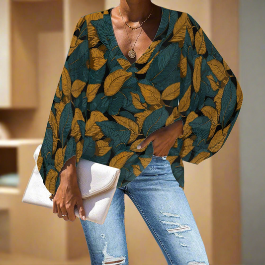 Brown and Green Leave pattern V-Neck Chiffon Puff Sleeve Blouse by Luxtrini