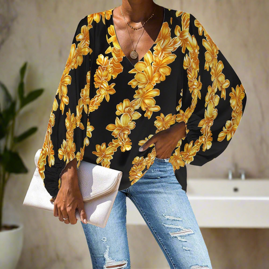 Lei Golden on Black V-Neck Chiffon Puff Sleeve Blouse by Luxtrini