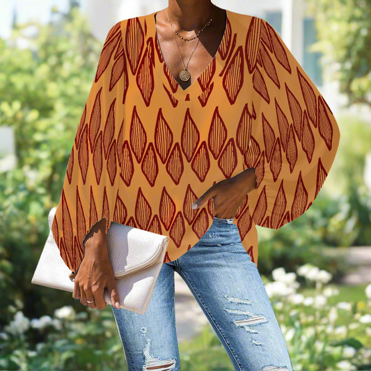 Mudcloth Orange V-Neck Chiffon Puff Sleeve Blouse by Luxtrini