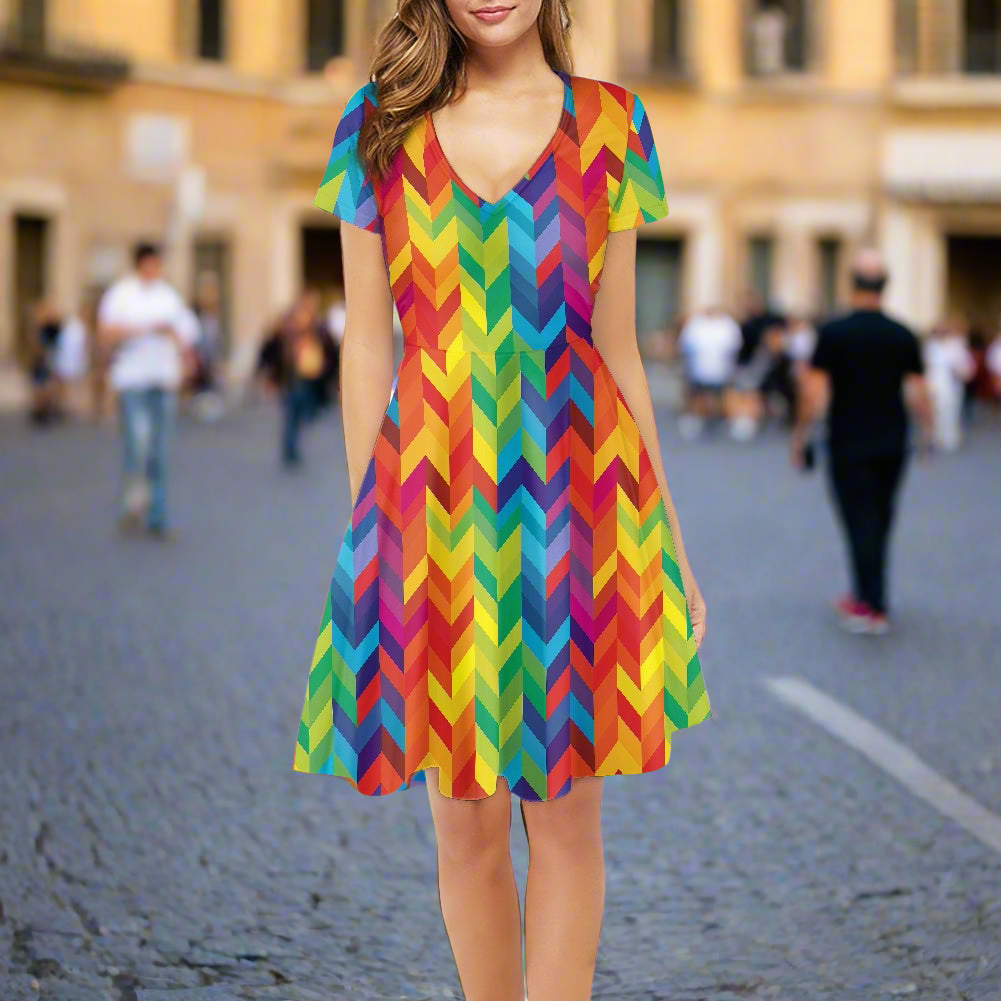 Rainbow Chevron Women V-Neck Short Sleeve Ruffle Dress