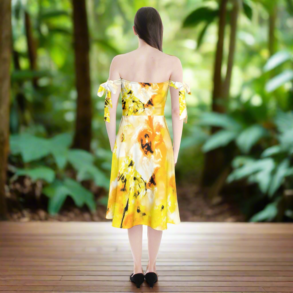 Shoulder Tie Bardot Midi Dress Yellow Hibiscus Impressionist by Luxtrini