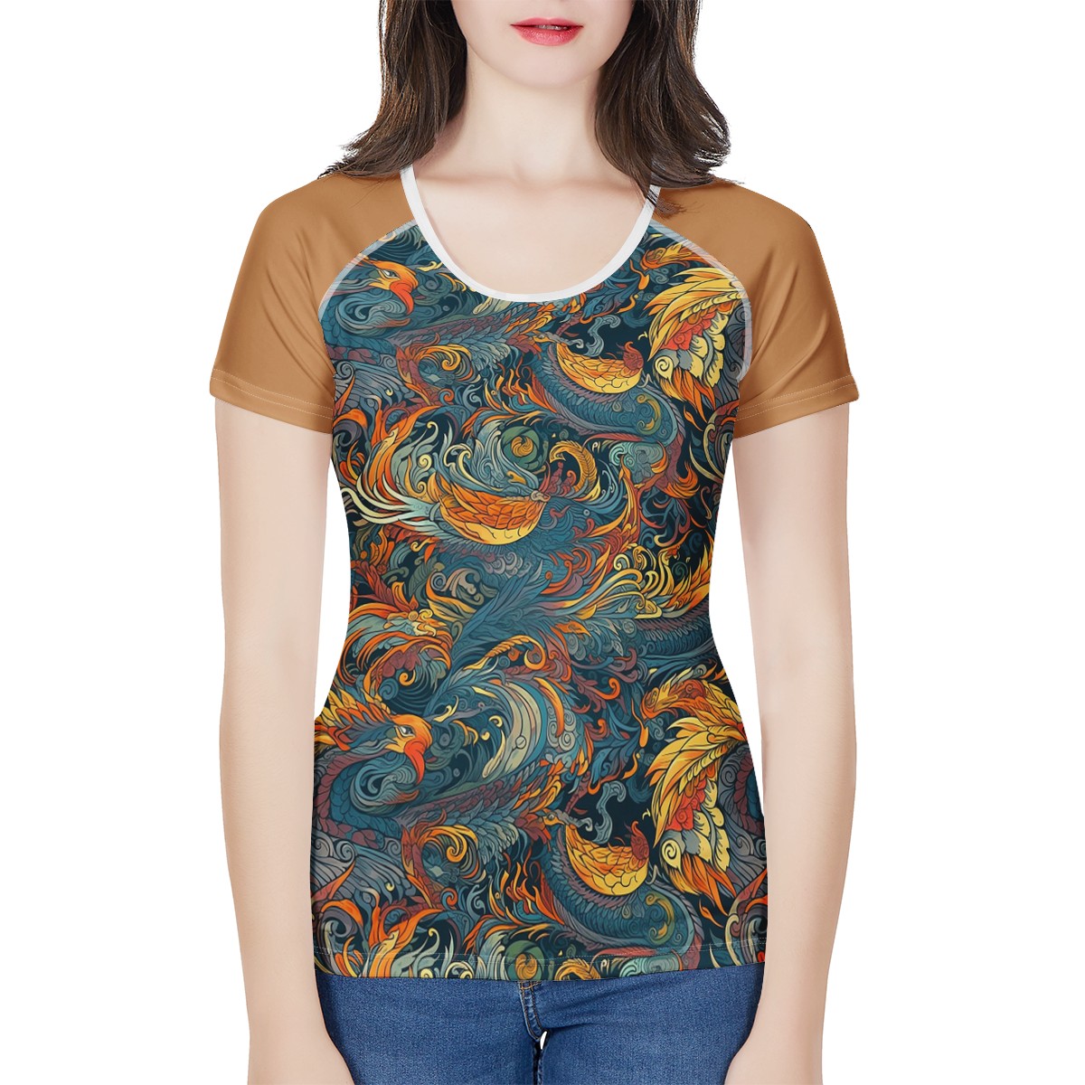 Majestic Dragon and a Graceful Phoenix w/Brown Sleeves Women's All-Over Print T shirt