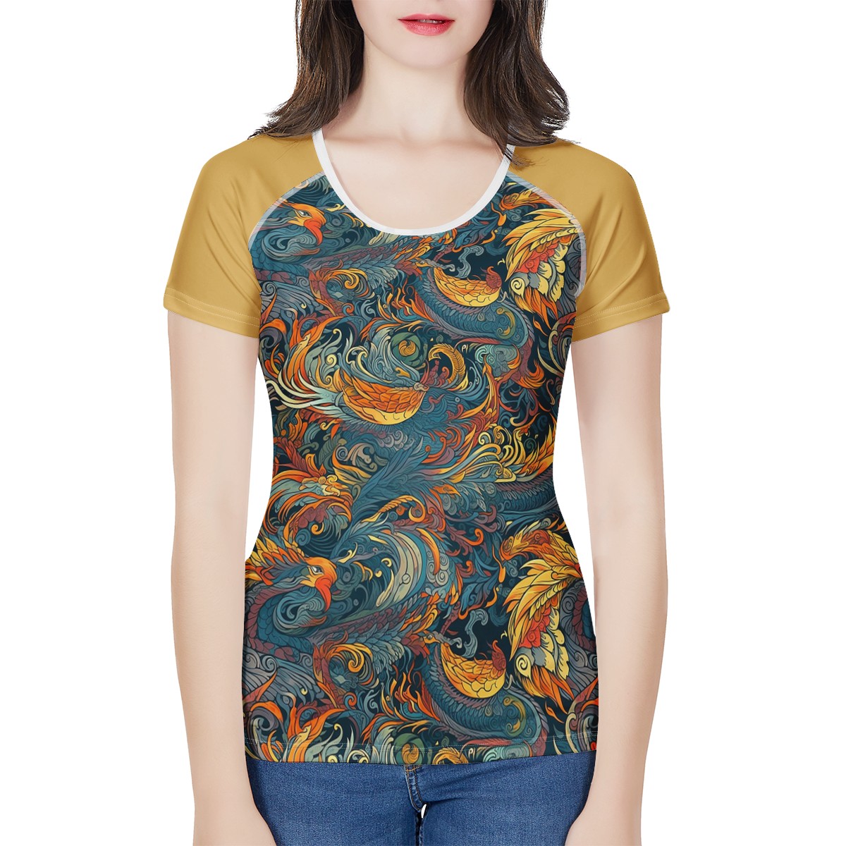 Majestic Dragon and a Graceful Phoenix w/Tan Sleeves Women's All-Over Print T shirt