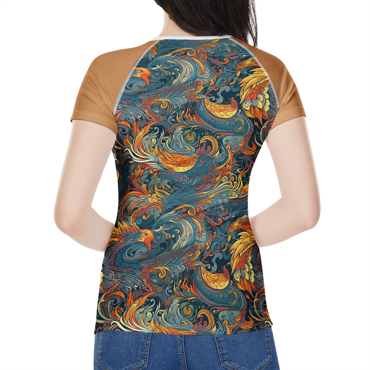 Majestic Dragon and a Graceful Phoenix w/Brown Sleeves Women's All-Over Print T shirt