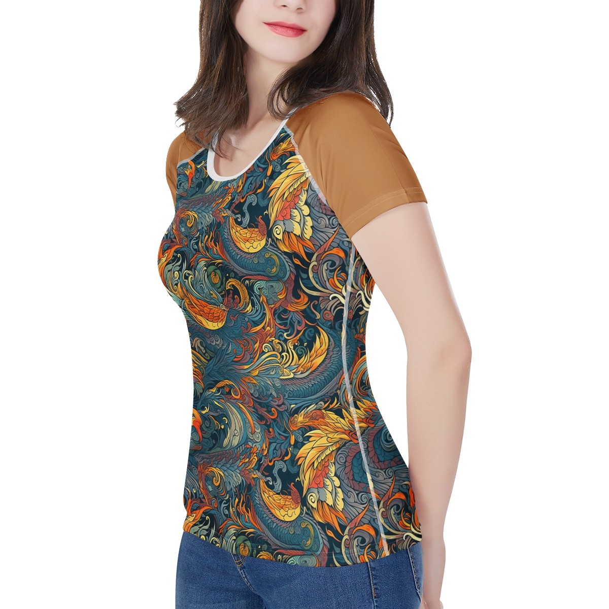 Majestic Dragon and a Graceful Phoenix w/Brown Sleeves Women's All-Over Print T shirt