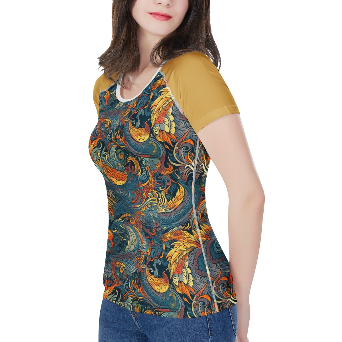 Majestic Dragon and a Graceful Phoenix w/Tan Sleeves Women's All-Over Print T shirt