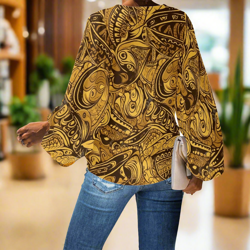 African Ethnic Animal Motif V-Neck Chiffon Puff Sleeve Blouse by Luxtrini