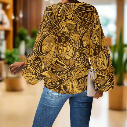 African Ethnic Animal Motif V-Neck Chiffon Puff Sleeve Blouse by Luxtrini