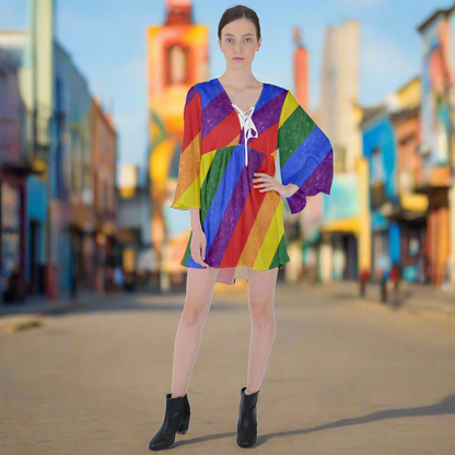 LGBTQ V-Neck Flare Sleeve Mini Dress - Rainbow Pride