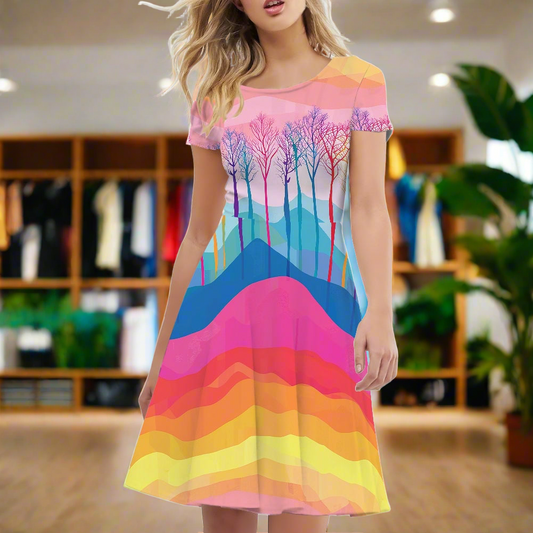 Rainbow Nature Scenic Women Scoop Neck Short Sleeve Ruffle Dress