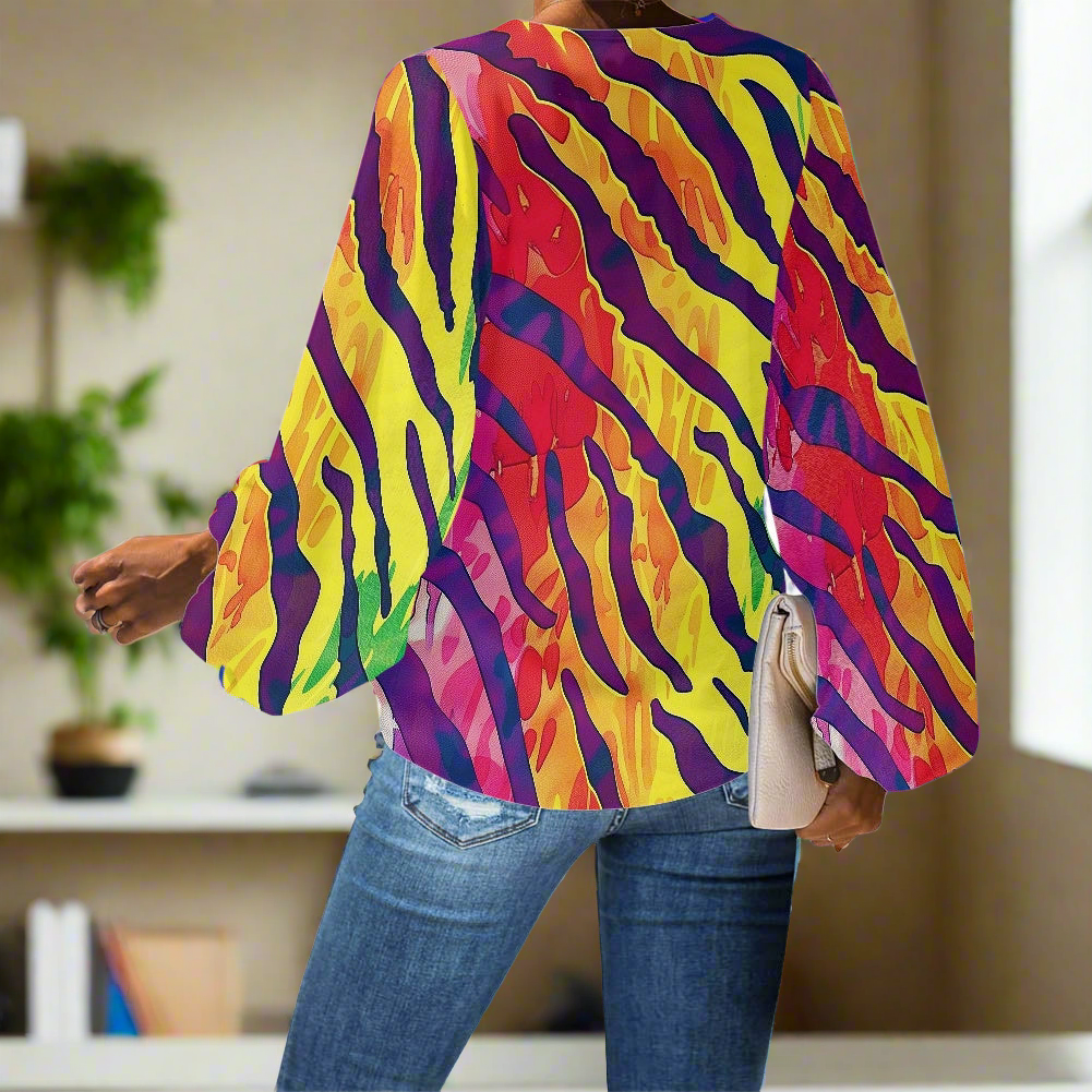 Rainbow Animal Print V-Neck Chiffon Puff Sleeve Blouse by Luxtrini
