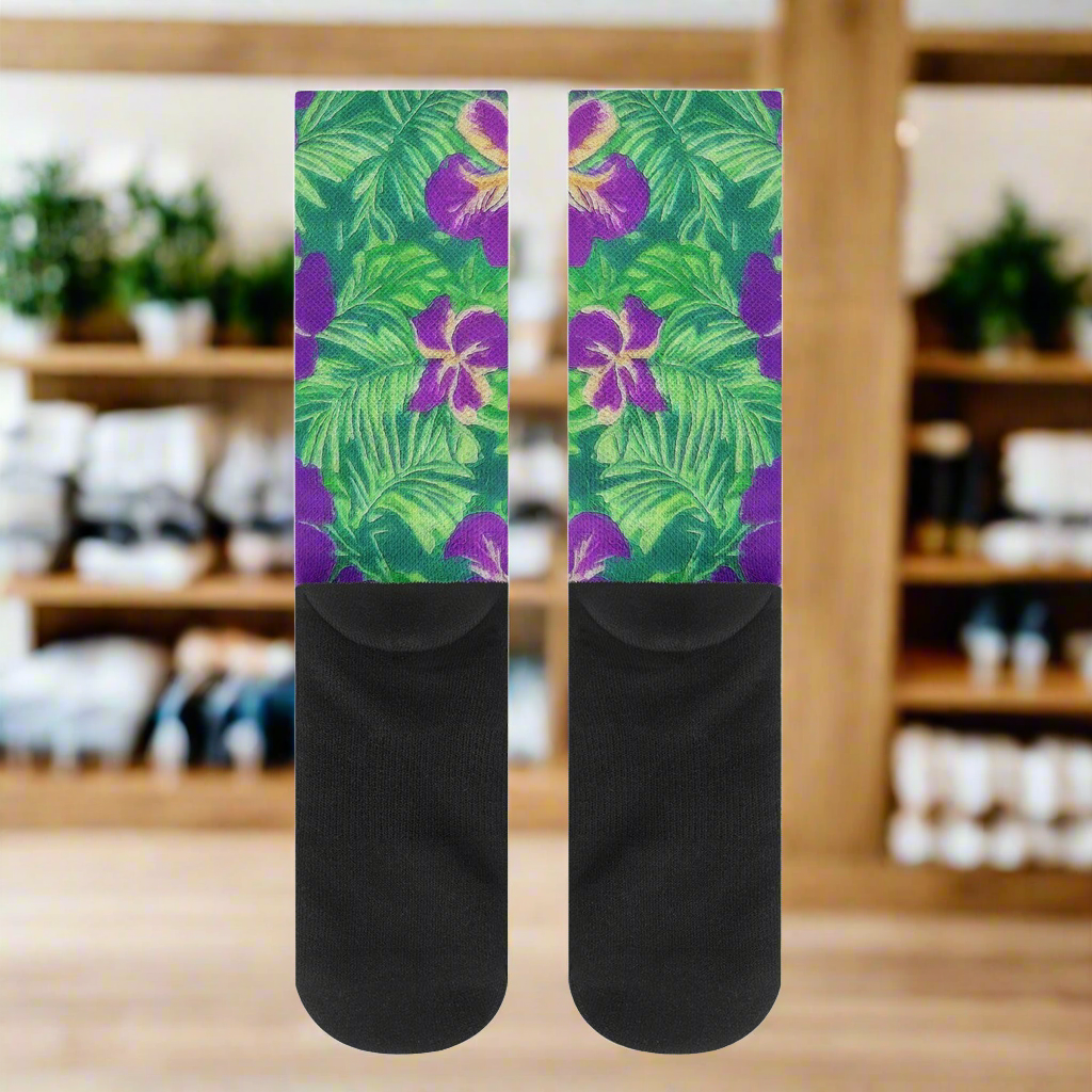 Blue Flag Iris on Green Crew Socks