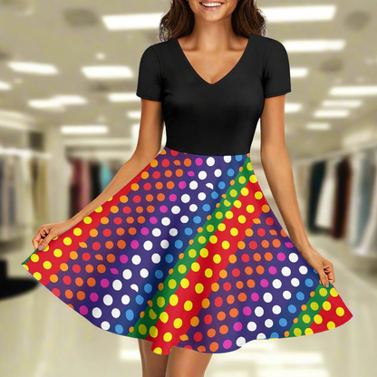 LGBTQ-Friendly Rainbow Polka Dot V-Neck Black Top Women short Sleeve Ruffle Dress by Luxtrini