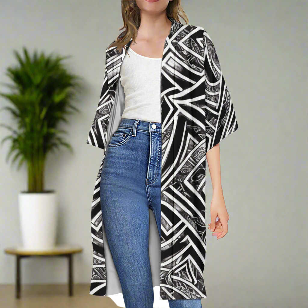 Black and White Polynesian Half Sleeves Knee-length Open Front Cardigan