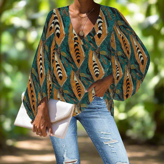 Ethnic African V-Neck Chiffon Puff Sleeve Blouse by Luxtrini