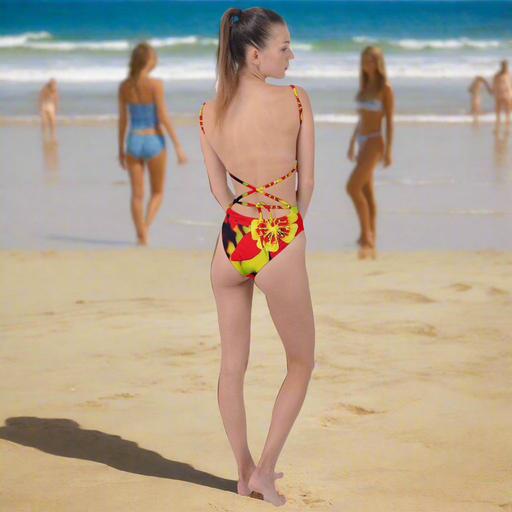 Red and Yellow Hibiscus Tie Strap One Piece Swimsuit