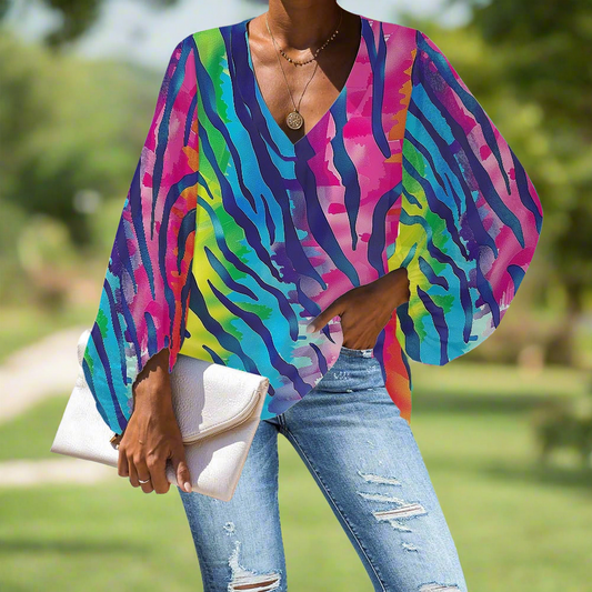 V-Neck Chiffon Puff Sleeve Blouse with Rainbow Animal Prints – Bold and Stylish by Luxtrini