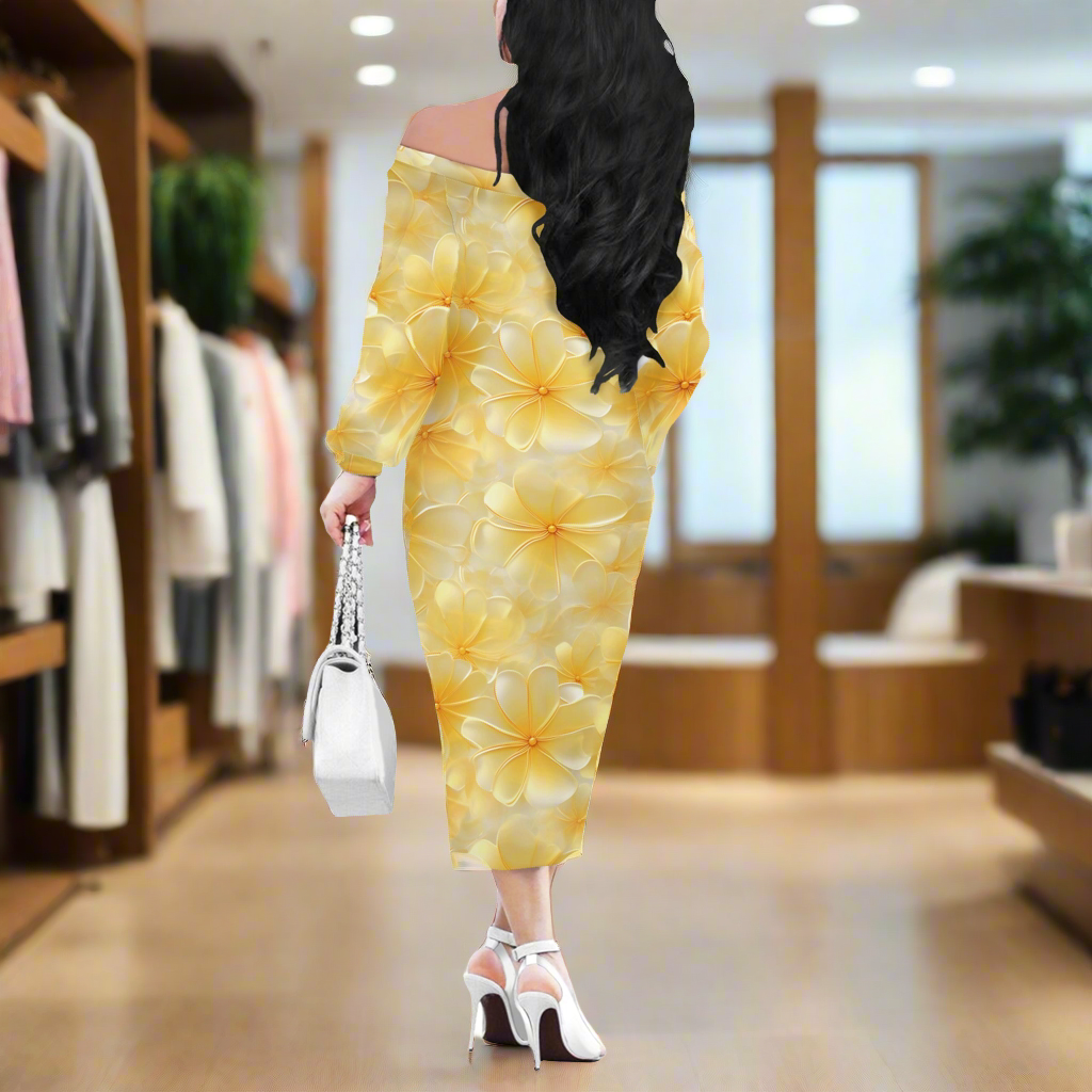 Yellow Plumeria Women's Long Sleeve Off-Shoulder Dress - Elegant, Floral Full-Length, Perfect for Various Occasions