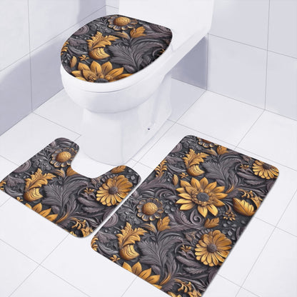 Gold Flowers Woodcut Toilet Three Pieces Set