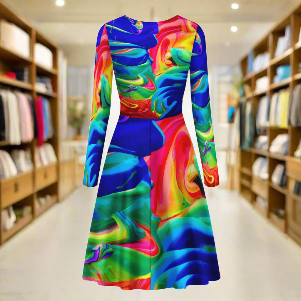 Rainbow Confusion Women V-Neck Long Sleeve Ruffle Dress