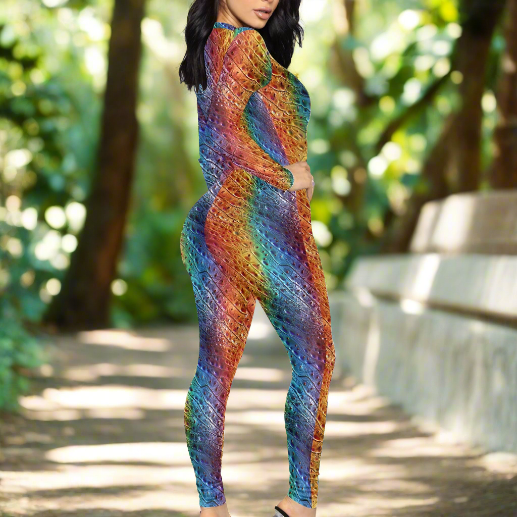 Unique Ostrich Skin pattern Rainbow Pride Women's Plunging Neck Jumpsuit
