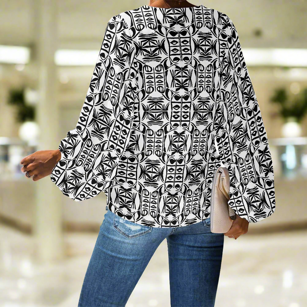 Black and White Ethnic V-Neck Chiffon Puff Sleeve Blouse by Luxtrini