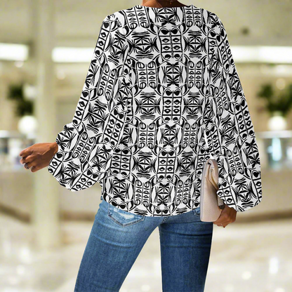 Black and White Ethnic V-Neck Chiffon Puff Sleeve Blouse by Luxtrini