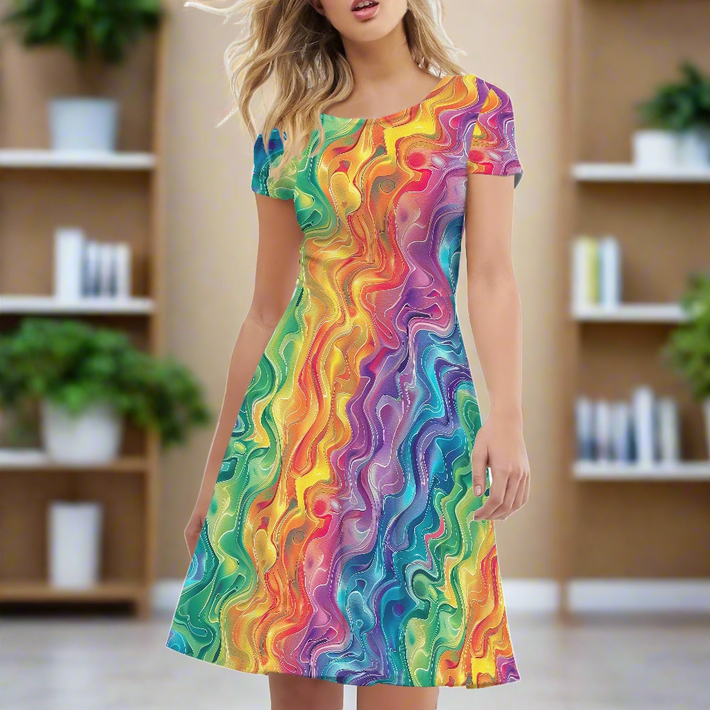 Women Scoop Neck Short Sleeve Ruffle Dress