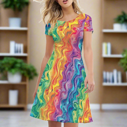 Women Scoop Neck Short Sleeve Ruffle Dress