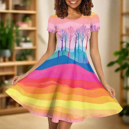 Rainbow Nature Scenic Women Scoop Neck Short Sleeve Ruffle Dress