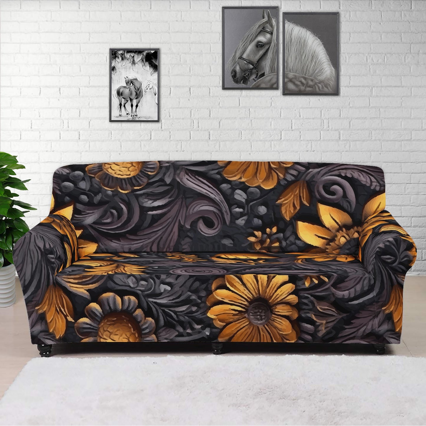 Gold Flowers Woodcut Sofa Protector Cover L Size