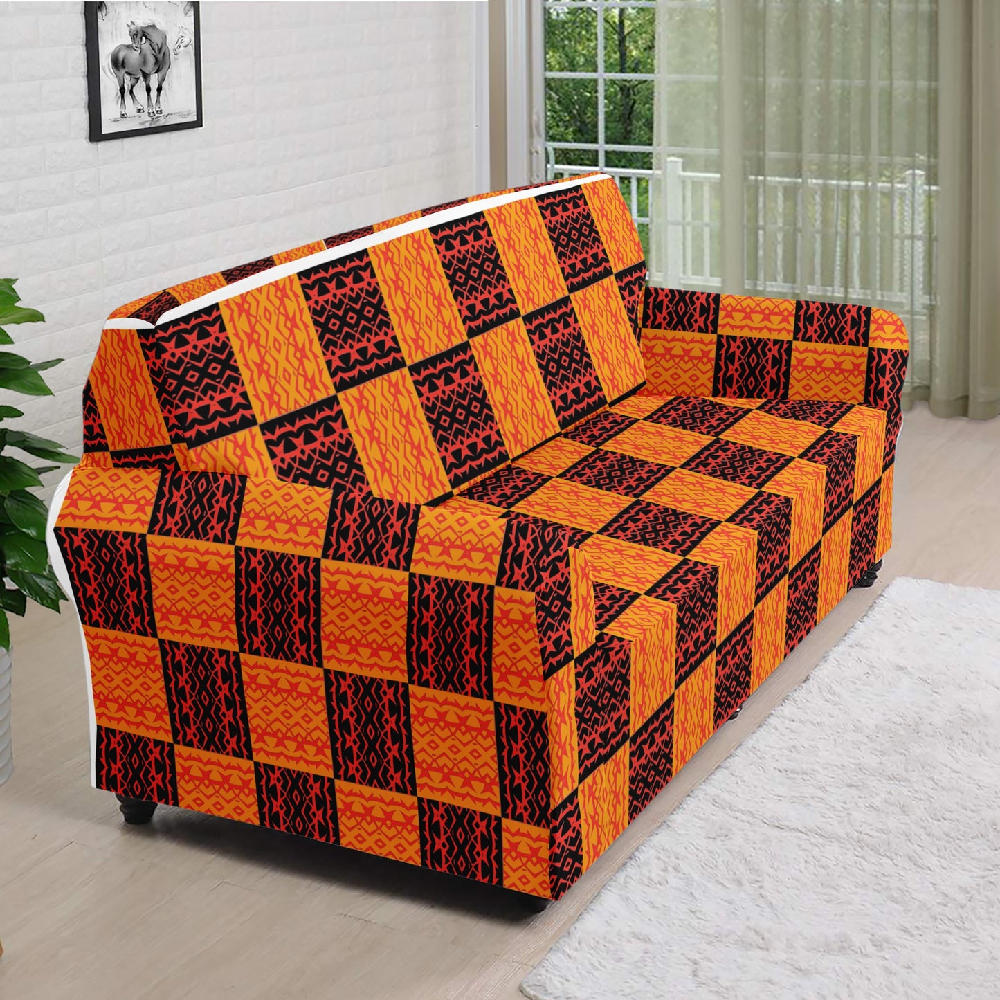 Black and Orange Tribal Design - Sofa Protector Cover L Size