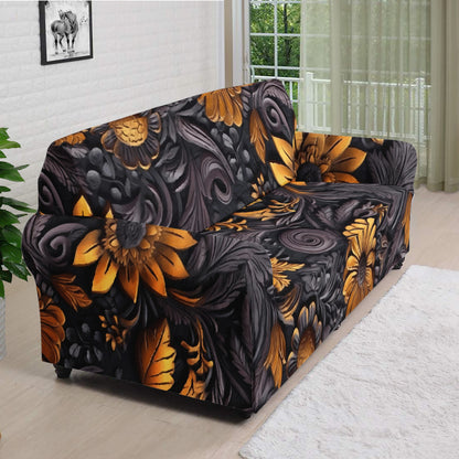 Gold Flowers Woodcut Sofa Protector Cover L Size