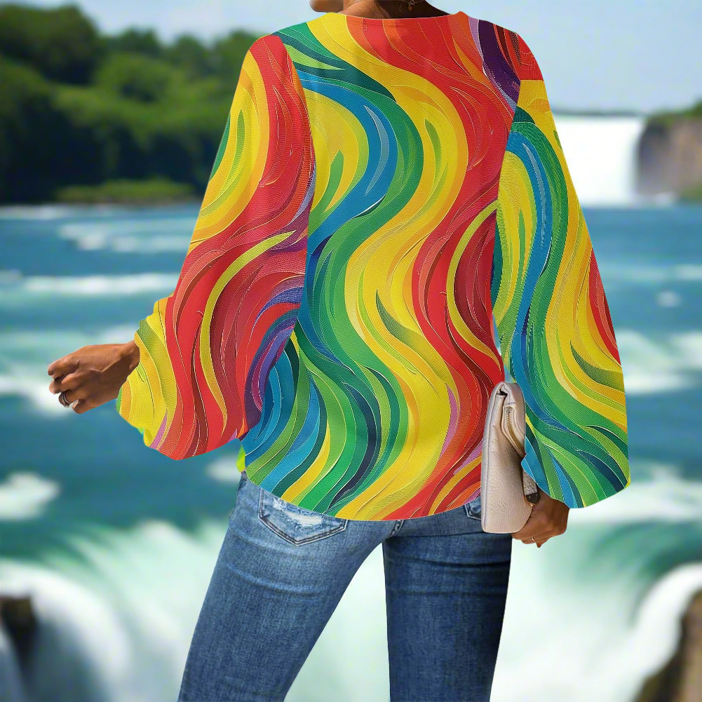 Vibrant Rainbow Wave V-Neck Chiffon Puff Sleeve Blouse by Luxtrini