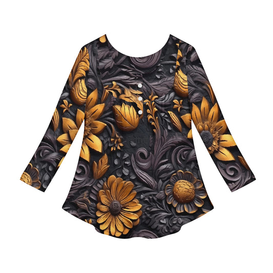Gold Flowers Woodcut Women Long Sleeve Shirt