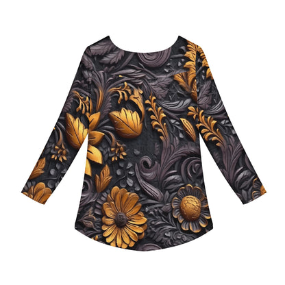 Gold Flowers Woodcut Women Long Sleeve Shirt