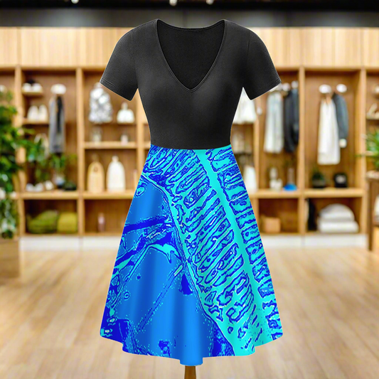 Vibrant Blue Croton Pattern Black V-Neck Women Ruffle Bottom Dress