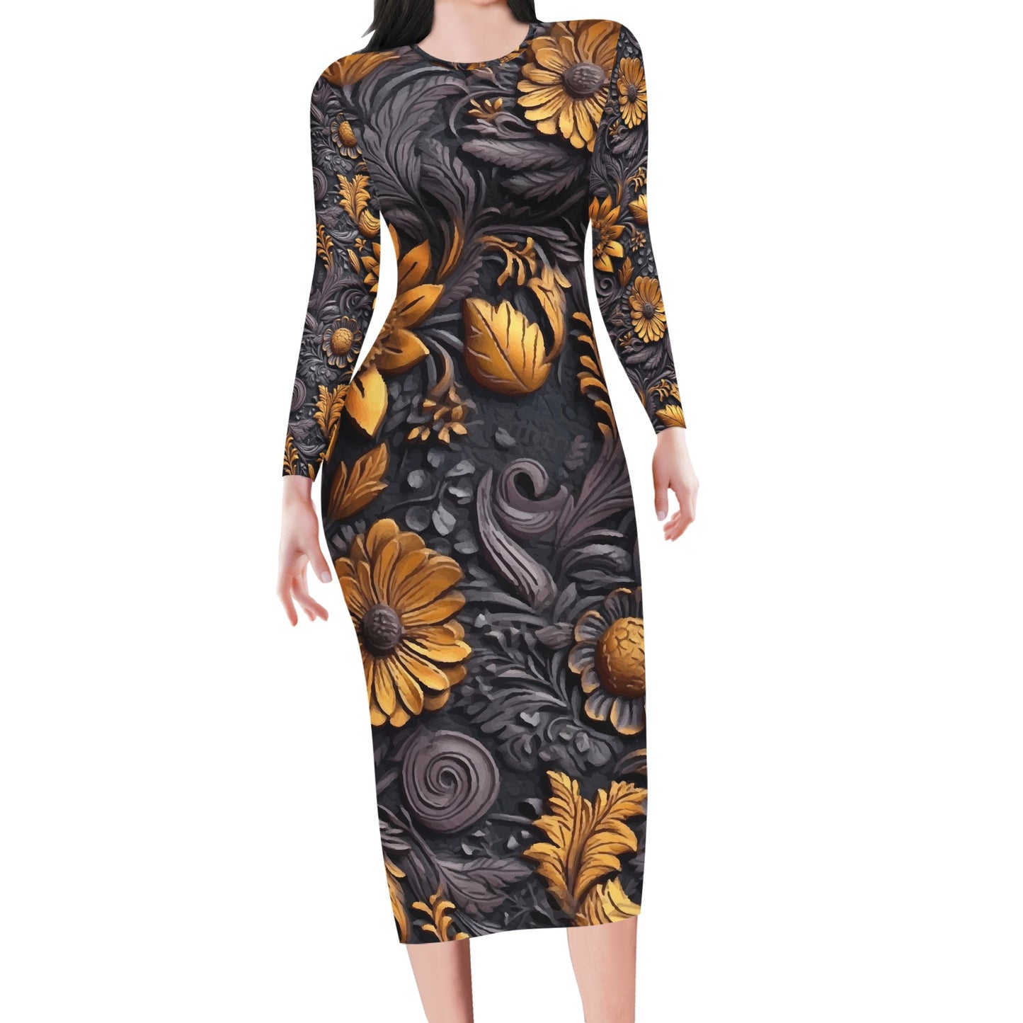 Gold Flowers Woodcut Women Bodycon Midi Sheath Dress