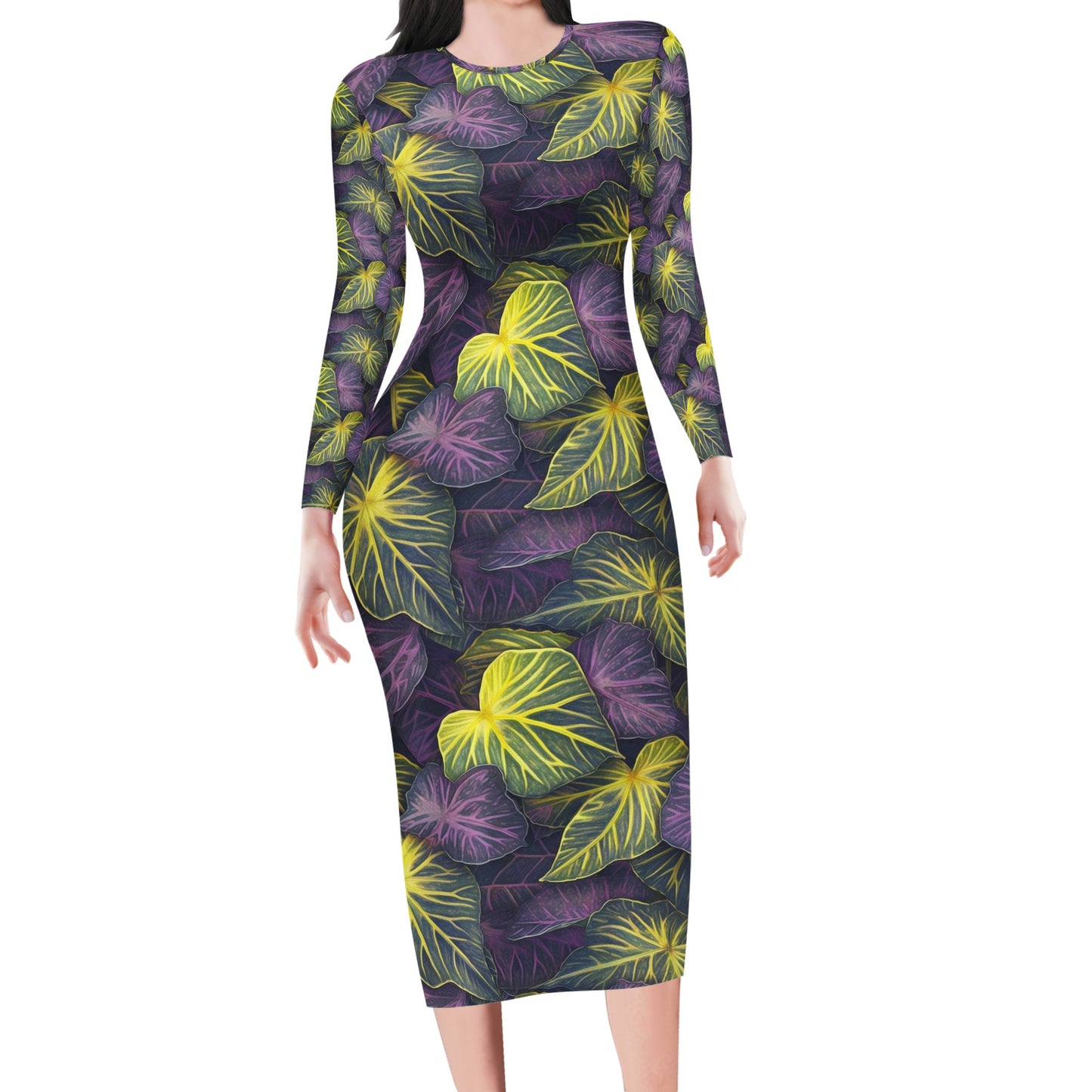 Luxtrini Iridescent Syngonium: Purple and Yellow Women Bodycon Midi Sheath Dress