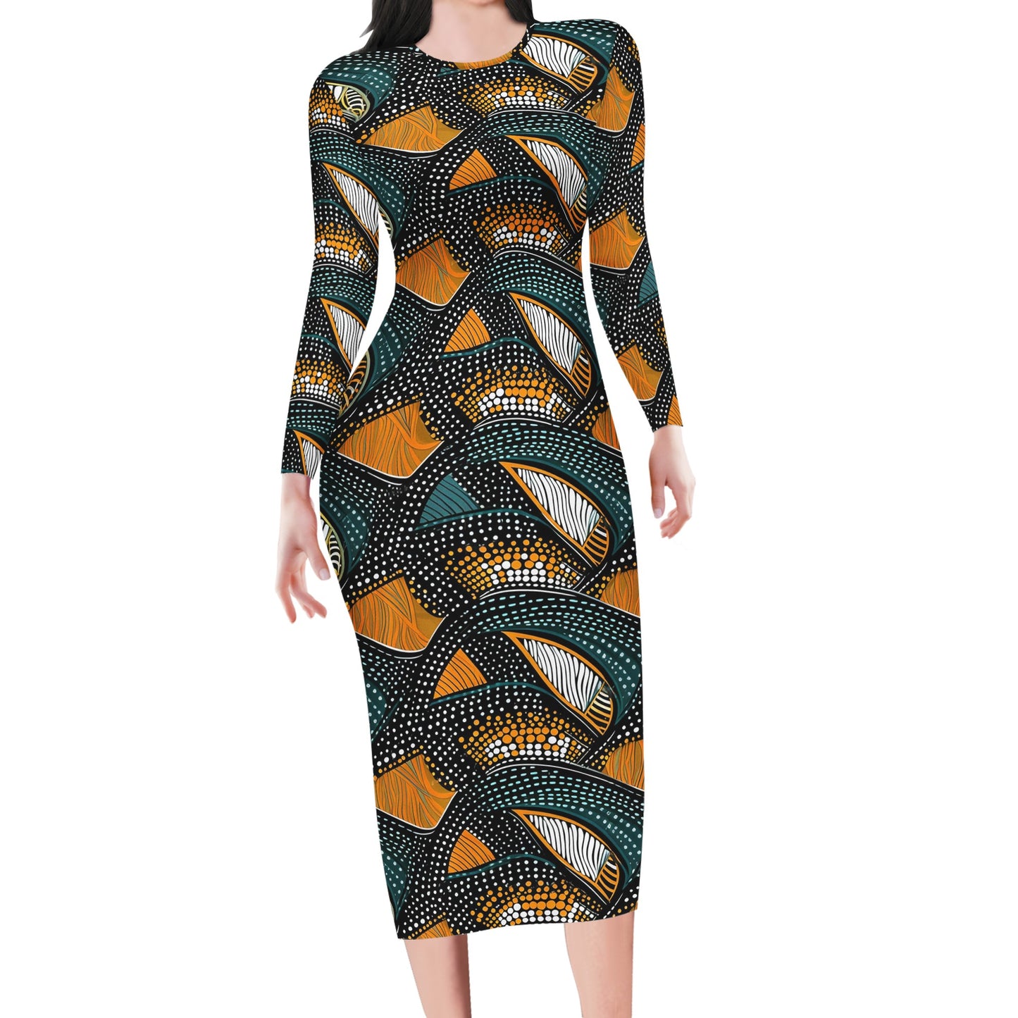 African Wave: Dark Aquamarine & Orange, Hand-Colored, Naturalistic Ocean Waves Women Bodycon Midi Sheath Dress