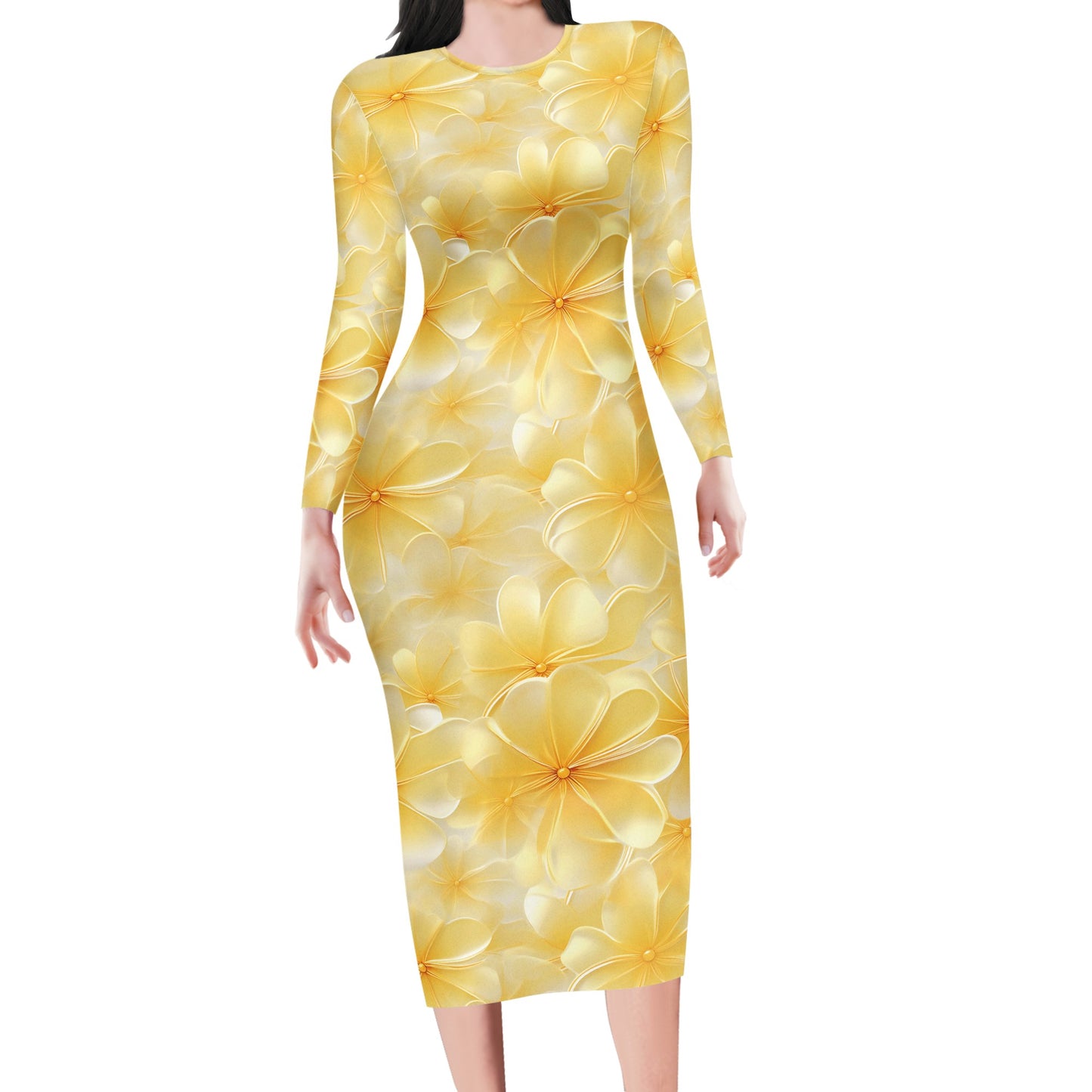 Yellow Plumeria Women Bodycon Midi Sheath Dress