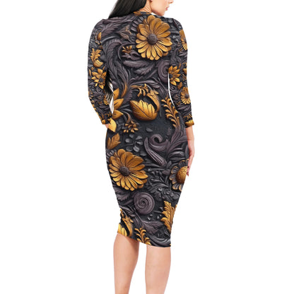 Gold Flowers Woodcut Women Bodycon Midi Sheath Dress