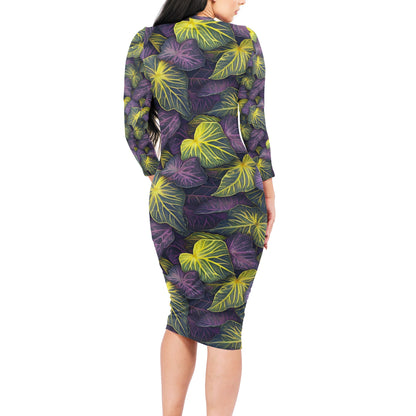 Luxtrini Iridescent Syngonium: Purple and Yellow Women Bodycon Midi Sheath Dress