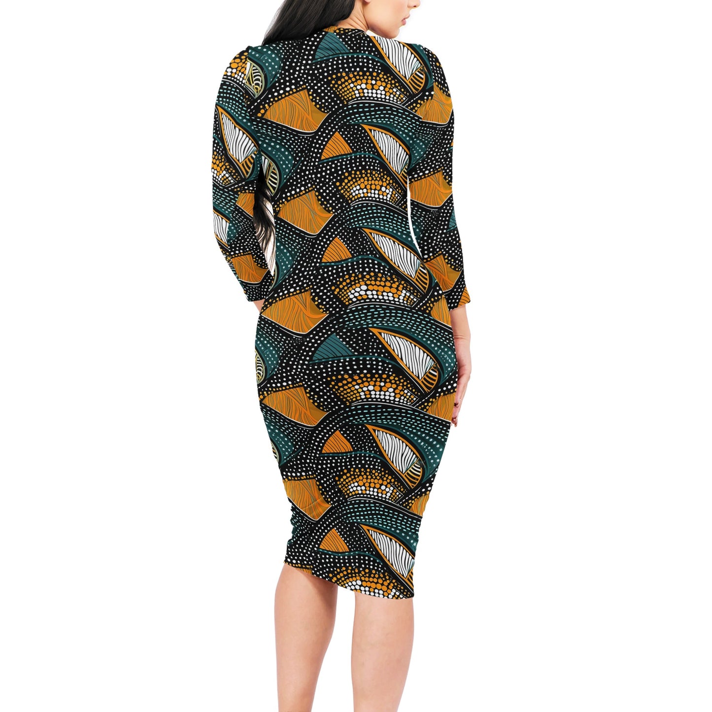 African Wave: Dark Aquamarine & Orange, Hand-Colored, Naturalistic Ocean Waves Women Bodycon Midi Sheath Dress