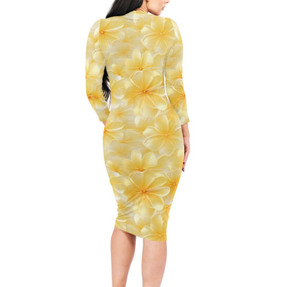 Yellow Plumeria Women Bodycon Midi Sheath Dress