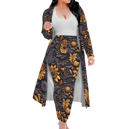 Gold Flowers Woodcut Women Overalls Sportwear